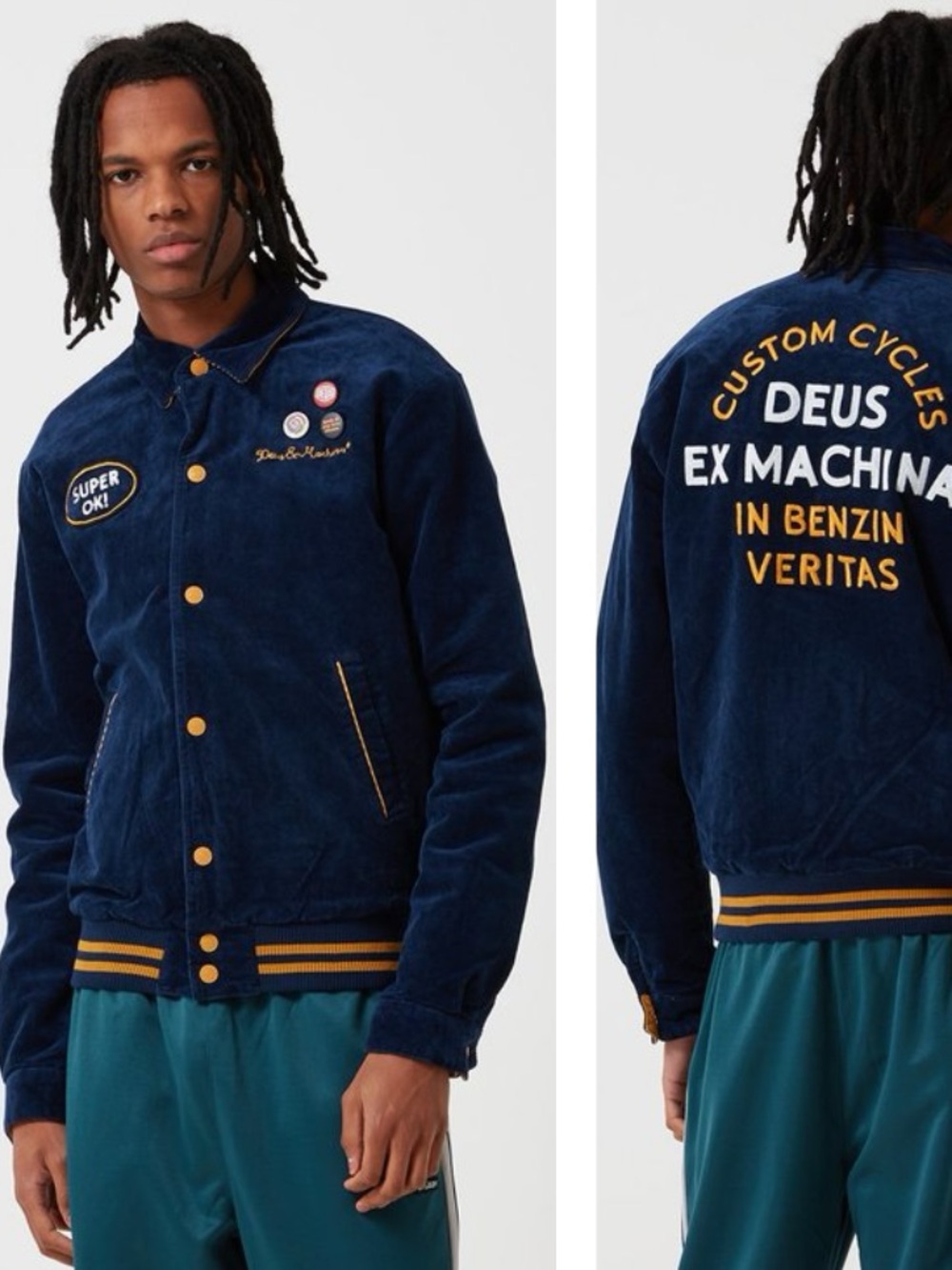 The Deus Ex Machina Team Corduroy Bomber Jacket Retro Academia Blue/Gold SZ L